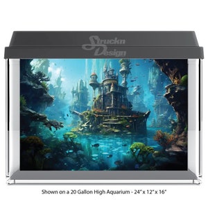 Enchanted Underwater Kingdom Castle Sea 10mil Polyester Aquarium Tank Glass Backdrop Background Waterproof Grey Opaque Backer