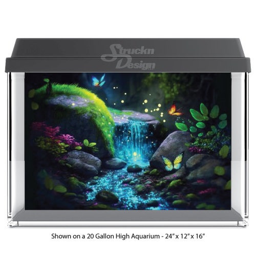 Waterfall Rocks Colorful Butterflies Green Plants 10mil Polyester Fish Tank Glass Backdrop Aquarium Background Waterproof Grey Opaque Backer