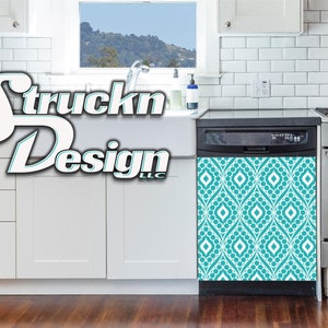 May include: A turquoise and white patterned dishwasher magnet with a geometric design. The magnet is applied to a stainless steel dishwasher door in a kitchen setting.