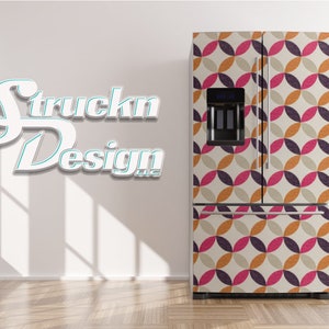 Retro Circles Pink Orange Diamond Fabric Refrigerator Fridge Freezer Wrap Side by Side Top Bottom Door Vinyl Mural Skin Decal Removable USA