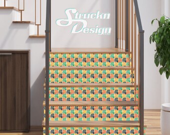 May include: A set of five stair treads with a geometric pattern of overlapping arches in shades of yellow, orange, green, blue, and black. The treads are made of a durable material and are easy to install.