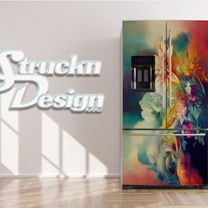 Watercolor Colorful Flowers Floral Design Refrigerator Fridge Freezer Wrap Side by Side Top Bottom Door Vinyl Mural Skin Decal Removable