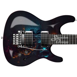 May include: A black electric guitar with a blue and orange abstract design. The guitar has a black body and a silver bridge and hardware.