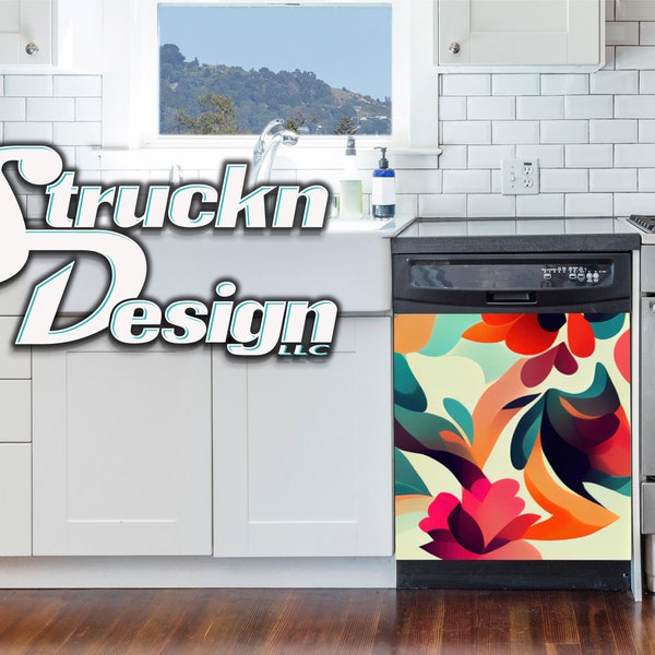 Orange Teal Abstract Flower Floral Dishwasher Wrap Dishes Front Door Vinyl Mural Skin Decal Removable