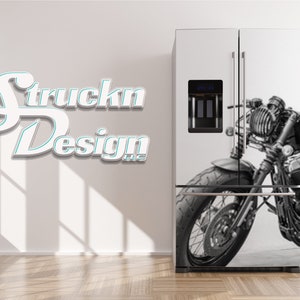 Detailed Black And White Vintage Motorcycle Refrigerator Fridge Freezer Wrap Side by Side Top Bottom Door Vinyl Mural Skin Decal Removable