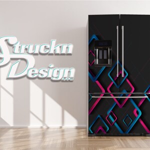 Blue Pink Rounded Diamonds Black Refrigerator Fridge Freezer Wrap Side by Side Top Bottom Door Vinyl Mural Skin Decal Removable USA