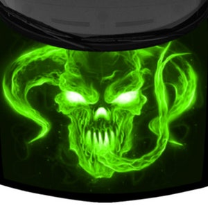 Horned Demon Skull Flames Burning Abstract Lime Green Pickup Car Truck Hood Wrap Vinyl Graphic Decal 58 x 65in US Cast Laminated Option