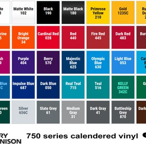 May include: A color chart of 750 series calendered vinyl with 36 different colors, including clear, white, black, red, blue, green, yellow, and brown. The chart is labeled with the color name and a corresponding number code.