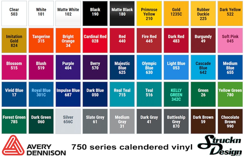 May include: A color chart of 750 series calendered vinyl with 36 different colors, including clear, white, black, red, blue, green, yellow, and brown. The chart is labeled with the color name and a corresponding number code.