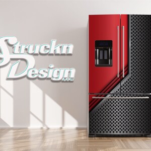 Red Gray Black Mesh Futuristic Overlap Design Refrigerator Fridge Freezer Wrap Side by Side Top Bottom Door Vinyl Mural Skin Decal Removable