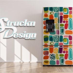 Vivid Colorful Abstract Bright Retro Design Refrigerator Fridge Freezer Wrap Side by Side Top Bottom Door Vinyl Mural Skin Decal Removable