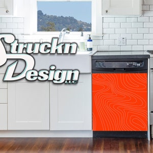 Bright Orange White Topographic Lines Dishwasher Wrap Dishes Front Door Vinyl Mural Skin Decal Removable