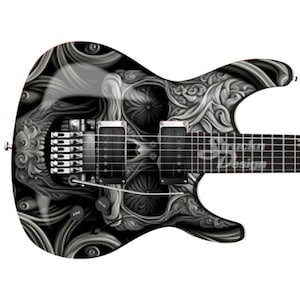 Grayscale Black Engraved Skulls 3D Bass Metal Vinyl Guitar Wrap Skin Decal Laminate Air Release Bubble Free Graphic Peel Stick Multi Size