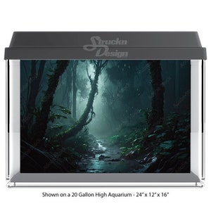 May include: A dark green and black aquarium background featuring a misty forest scene with a stream running through the center. The background is shown in a 20-gallon high aquarium measuring 24 inches by 12 inches by 16 inches.
