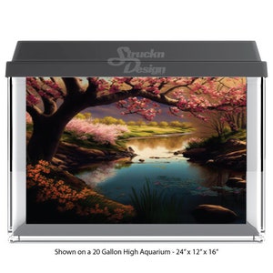 Moody Japanese Cherry Blossom Tree Riverside 10mil Polyester Fish Tank Glass Backdrop Aquarium Background Waterproof Grey Opaque Backer