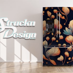 Ölfarbe Stil Orange Blumen Schwarz Kühlschrank Kühlschrank Gefrierfach Wrap Seite an Seite Oben Unterseite Vinyl Wandbild Haut Aufkleber abnehmbar