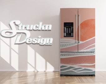 May include: A modern abstract design refrigerator wrap with a sunset scene in shades of pink, orange, and blue. The design features wavy lines and a large orange sun.