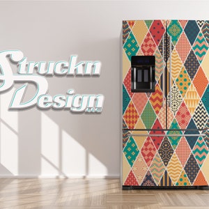 May include: A white refrigerator with a colourful geometric pattern on the front. The pattern is made up of various shapes and colours, including red, yellow, blue, green, and orange. The refrigerator has a stainless steel handle and a water dispenser.