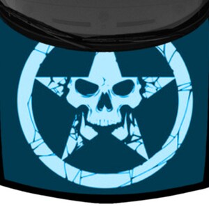 Military Army Star Skull Cyan Design Black SUV Van Car Pickup Truck Hood Wrap Vinyl Graphic Decal 58&quot;x 65&quot; US Made Cast Laminated Option