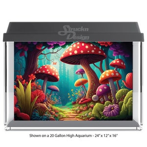 Illustrated Fantasy Mushroom Wonderland Woodland 10mil Polyester Fish Tank Glass Backdrop Aquarium Background Waterproof Grey Opaque Backer
