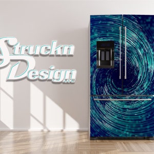 May include: A stainless steel refrigerator with a blue and green swirling pattern on the doors. The pattern resembles a galaxy or a nebula.