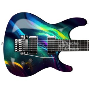 May include: Electric guitar with a vibrant, abstract design in shades of blue, green, and yellow. The guitar features black pickups, chrome hardware, and a fretboard with a logo. The body has a glossy finish.
