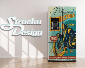 May include: A vintage-style refrigerator magnet featuring a motorcycle with the text "Professional Motorcycle Service" and "1963". The background is blue and yellow with a distressed look. The text at the bottom reads "Classic Garage Company Genuine Oil and Spare Parts."