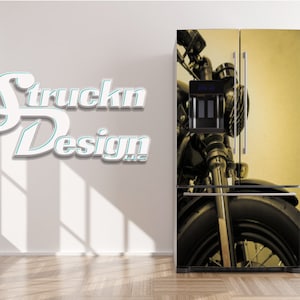 Vintage Motorcycle Retro Black Beige Design Refrigerator Fridge Freezer Wrap Side by Side Top Bottom Door Vinyl Mural Skin Decal Removable