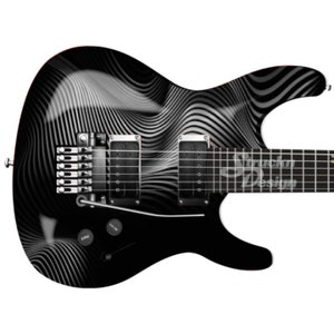 May include: Black electric guitar with a white and black wavy pattern design. The guitar has two knobs and a chrome bridge.