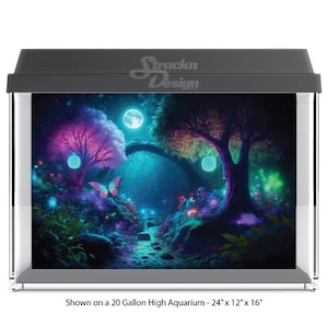 Fantasy Forest Colorful Trees Shining Moon River 10mil Polyester Fish Tank Glass Backdrop Aquarium Background Waterproof Grey Opaque Backer