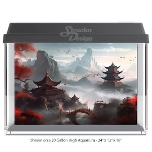 May include: A 20-gallon high aquarium backdrop featuring a misty Asian landscape with red maple trees, a pagoda, and a bridge. The backdrop is shown in a clear aquarium tank with a black frame. Shown on a 20 Gallon High Aquarium - 24" x 12" x 16"