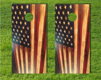 American Flag Wood Distressed Cornhole Corn Hole Board Game Decal Wraps USA High Quality Image Bag Toss Laminated Grunge Graphic Wrap Vinyl