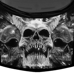 Three Horned Demon Skulls Truck Car Graphic Hood Wrap Vinyl Decal Grayscale 58&quot; x 65&quot; USA Made Cast Laminated Option