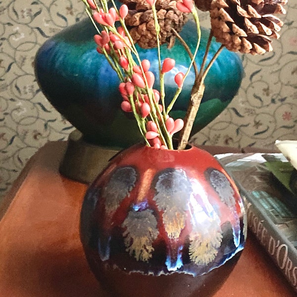 Small spherical vase wheel thrown hand glazed one of a kind vintage stoneware pottery signed, dated by maker