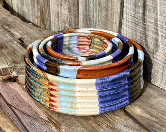 Nesting Bowls Handmade in USA Vintage Studio Pottery Wheel Thrown  Signed Art Rare Pottery Stoneware Rainbow Color Party Servers