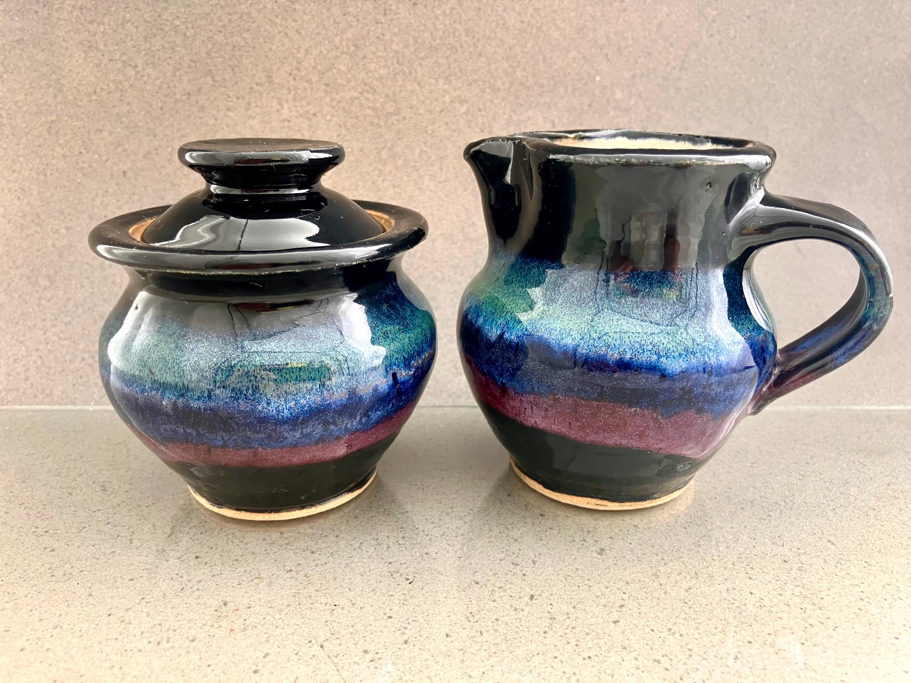 handmade sugar bowl and creamer pitcher set stoneware studio pottery wheel thrown signed by MFA maker seller