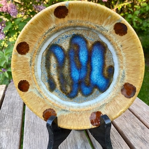 Stoneware pottery handmade wheel thrown low bowl thrice fired six color glazes artisan signed functional, collectible ceramic art