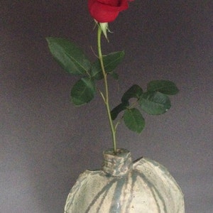 K&ouml;nnte beinhalten: Eine einzelne rote Rose mit gr&uuml;nen Bl&auml;ttern in einer wei&szlig;en und gr&uuml;nen Keramikvase mit strukturierter Oberfl&auml;che.