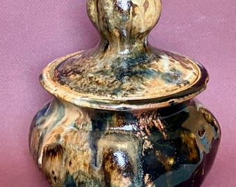 Studio pottery vessel vintage handmade from scratch on potters wheel in 1986 glazed in a random expressionistic manner, fired to cone 9