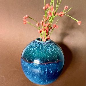 Può includere: Un vaso rotondo in ceramica blu e verde acqua con finitura maculata. Il vaso ha una linea di accento rossa e contiene steli di rami verdi con piccoli fiori rosa a forma di bocciolo. Un elemento decorativo per la casa.