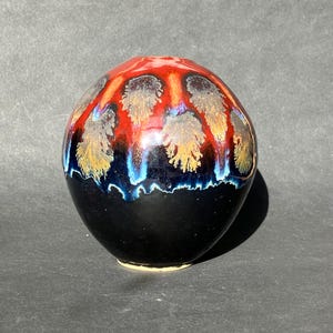 Small spherical vase wheel thrown hand glazed one of a kind vintage stoneware pottery signed, dated by maker