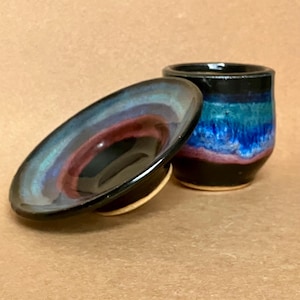 Extra Espresso 4 ounce cup with saucer of wheel thrown stoneware clay in limited edition pottery studio by hand bearing maker’s signature