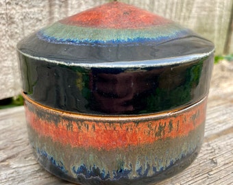 Glazed Fired Thrown Ceramic Vessel handmade studio functional art pottery multi use stoneware lidded container signed by senior maker MFA