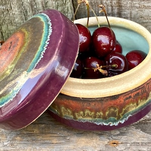 Fired stoneware pottery vessel wheel thrown glazed container with cover handmade never used vintage signed one of a kind original
