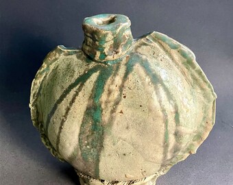 Vintage Bud Vase Ceramic Pottery Canteen Shaped Stoneware Art Sculpture Vessel Handmade in USA One of a Kind Original Glazed Sage Green
