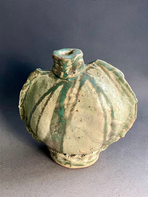 Vintage Bud Vase Ceramic Pottery Canteen Shaped Stoneware Art Sculpture Vessel Handmade in USA One of a Kind Original Glazed Sage Green