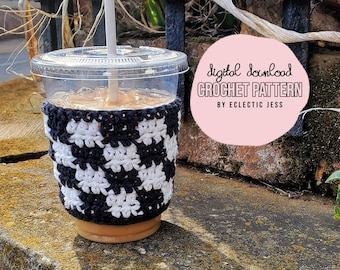 Checkered Cup Cozy Crochet PATTERN ONLY Crochet Cozy, Check Crochet, Checkered Coffee Cozy, Cup Sleeve, Crochet Coffee, Checked, Iced Coffee