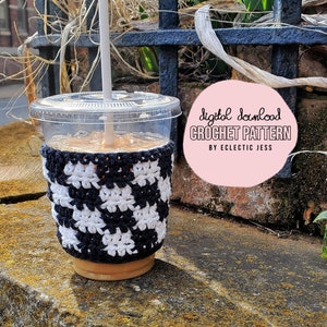 Checkered Cup Cozy Crochet PATTERN ONLY Crochet Cozy, Check Crochet, Checkered Coffee Cozy, Cup Sleeve, Crochet Coffee, Checked, Iced Coffee