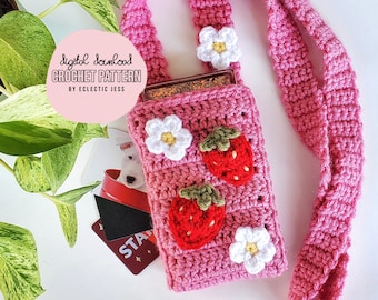 Strawberry Bag Crochet PATTERN ONLY, Cell Phone Bag, Crochet Bag, Cell Phone Pouch, Crochet Phone Case, Crochet Mini Purse, Crossbody Bag