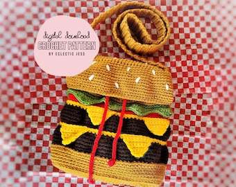 Cheeseburger Bag Crochet PATTERN ONLY Crochet Food, Amigurumi Food, Crochet Burger, Burger Bag, Quirky Bag, Crossbody, Purse, DIY Crochet